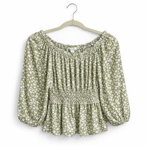 👚Mine Sage Green Floral Peasant Blouse | Smocked Waist | Boho Cottagecore Top